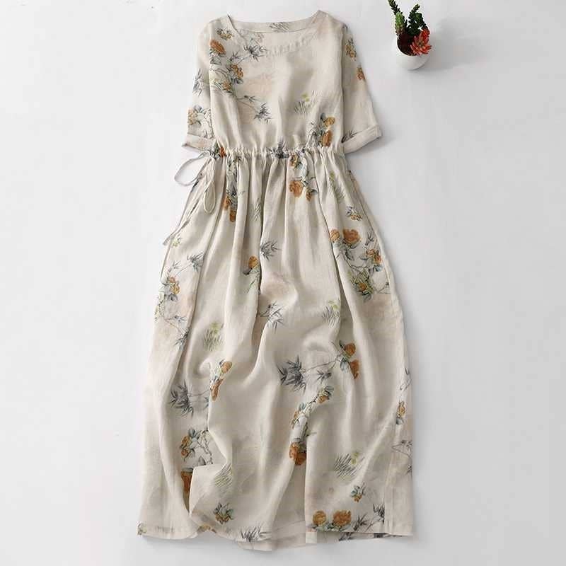 Floral Print Cinched Waist Knee-Length Dress