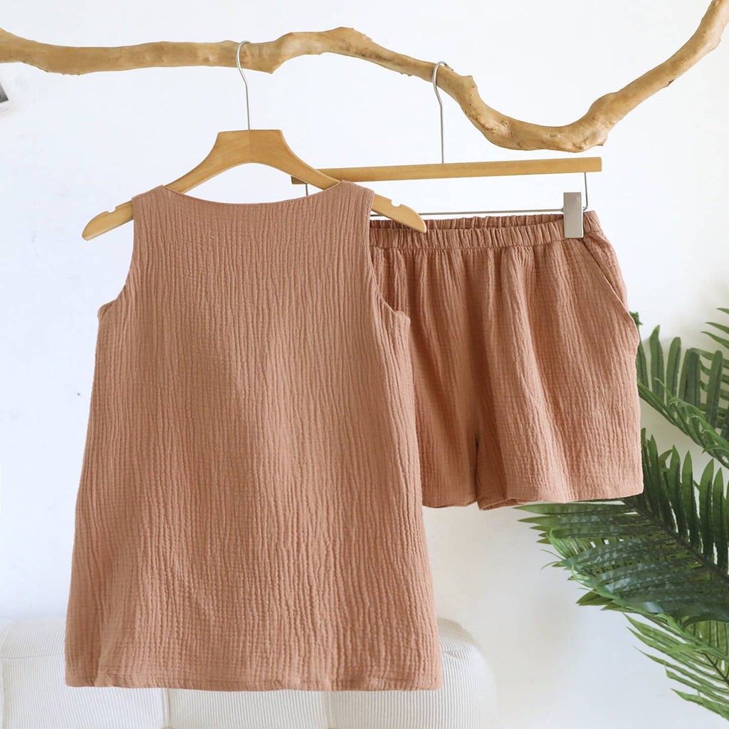 Cotton Built-in Bra Tank Top & Shorts Lounge Set In Solid