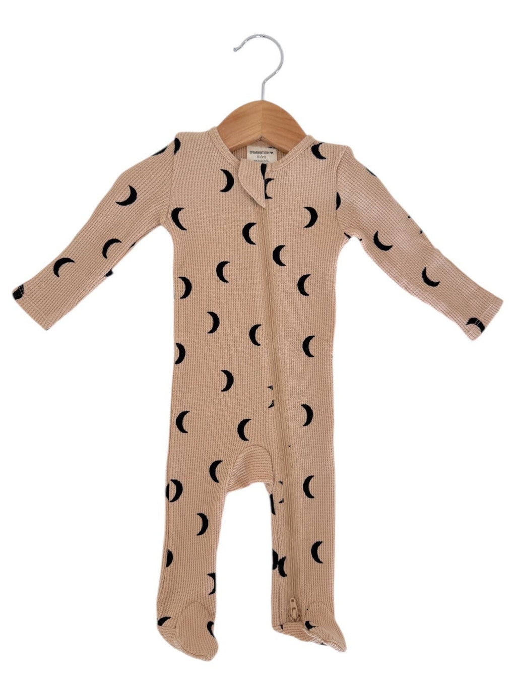 Organic Waffle 2-Way Zip Footie, Tan/Black Moon