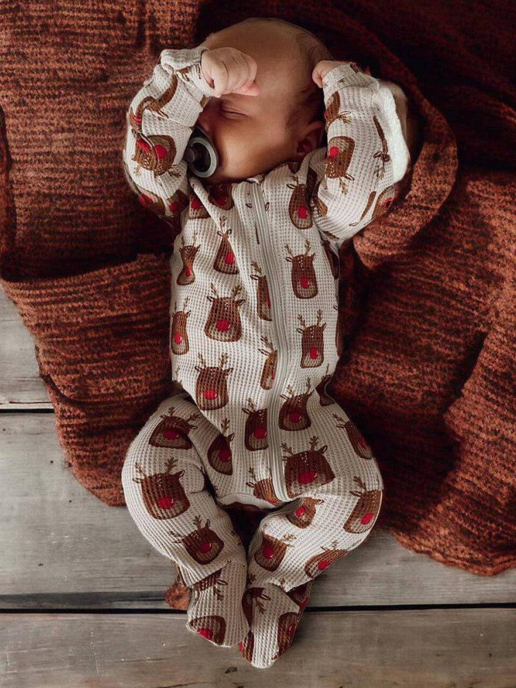 Organic Waffle Zip Footie, Reindeer