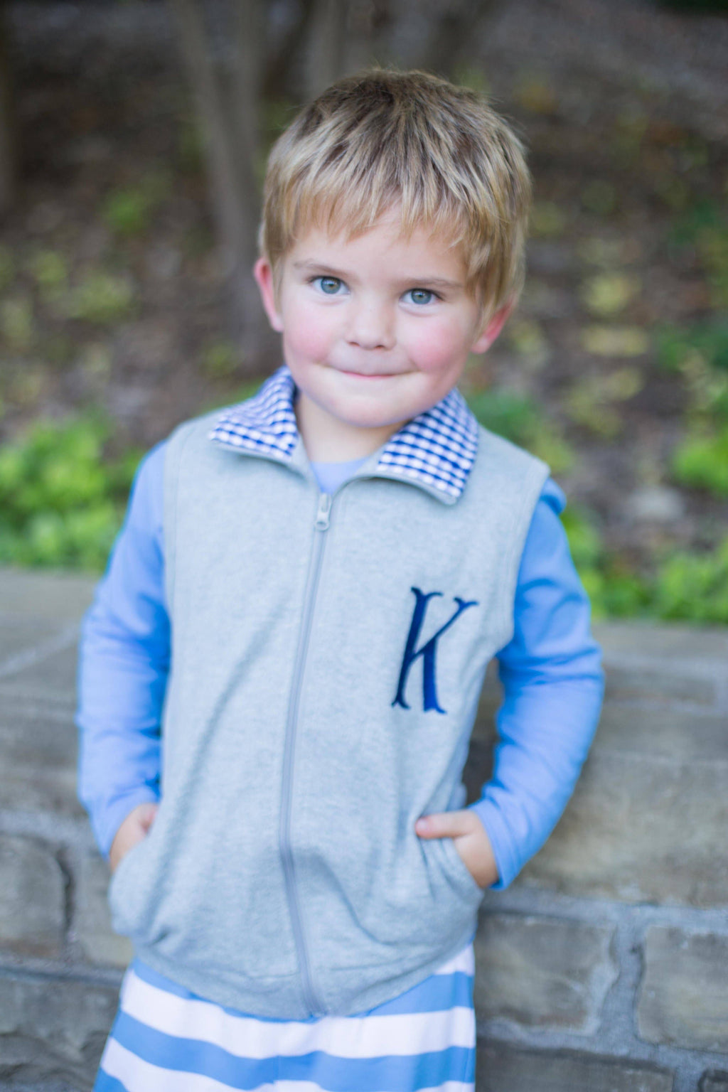 Gingham Accent Vest - Grey with Navy