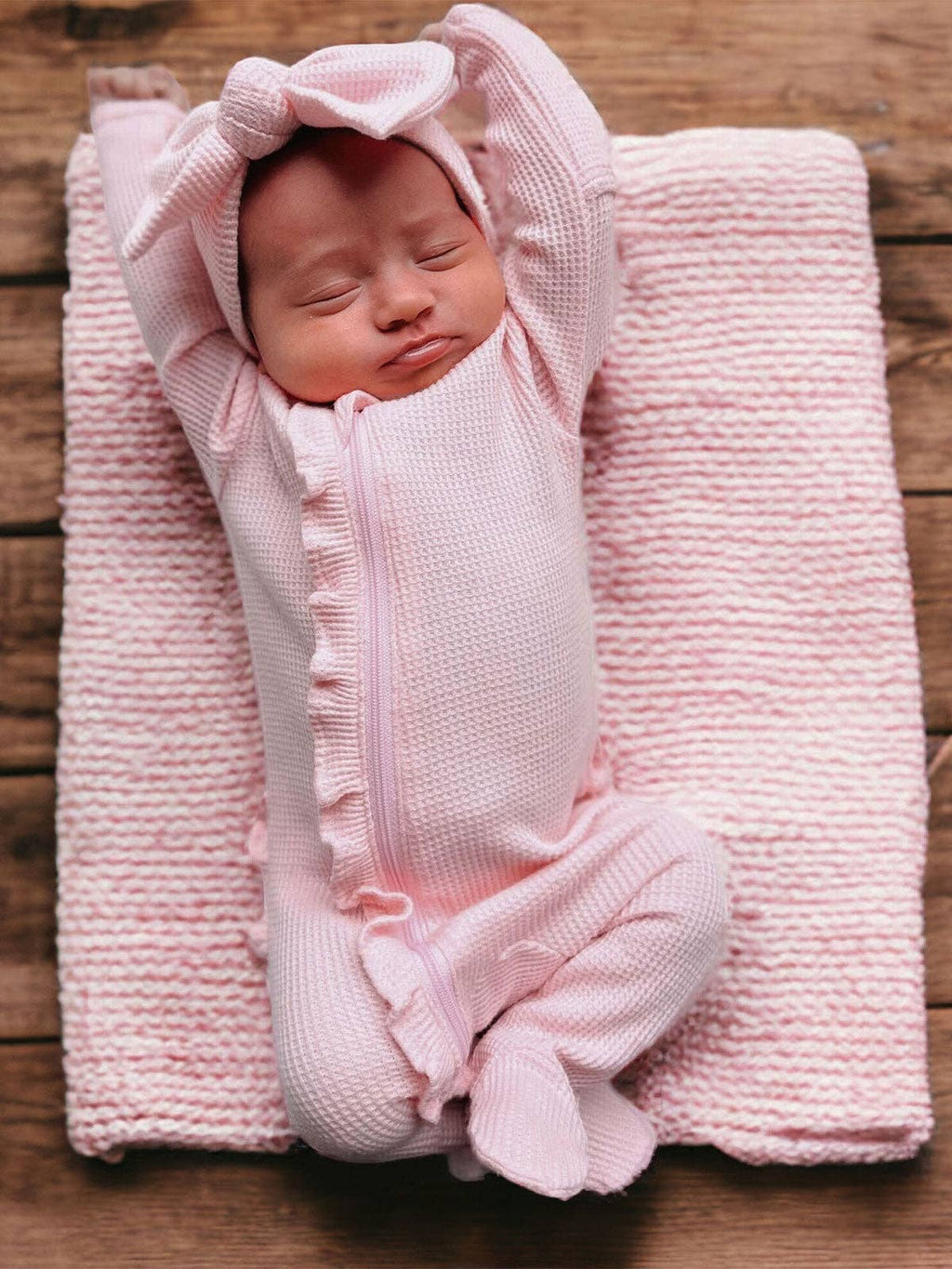 Organic Waffle 2-Way Zip Ruffle Footie, Blush