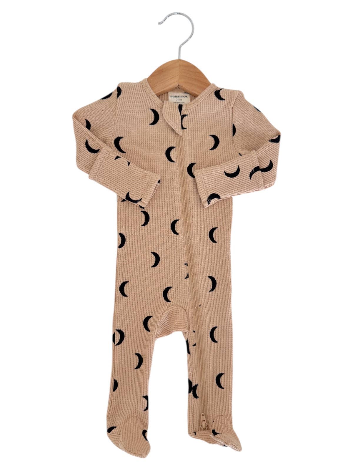 Organic Waffle 2-Way Zip Footie, Tan/Black Moon