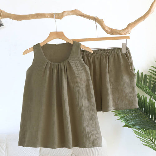 Cotton Built-in Bra Tank Top & Shorts Lounge Set In Solid